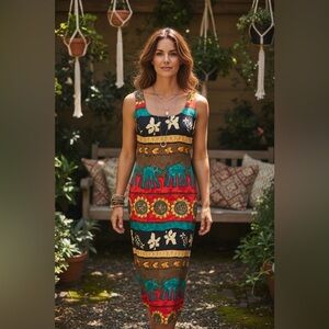 Vintage 90s WNY elephant print rayon maxi dress made in USA boho safari